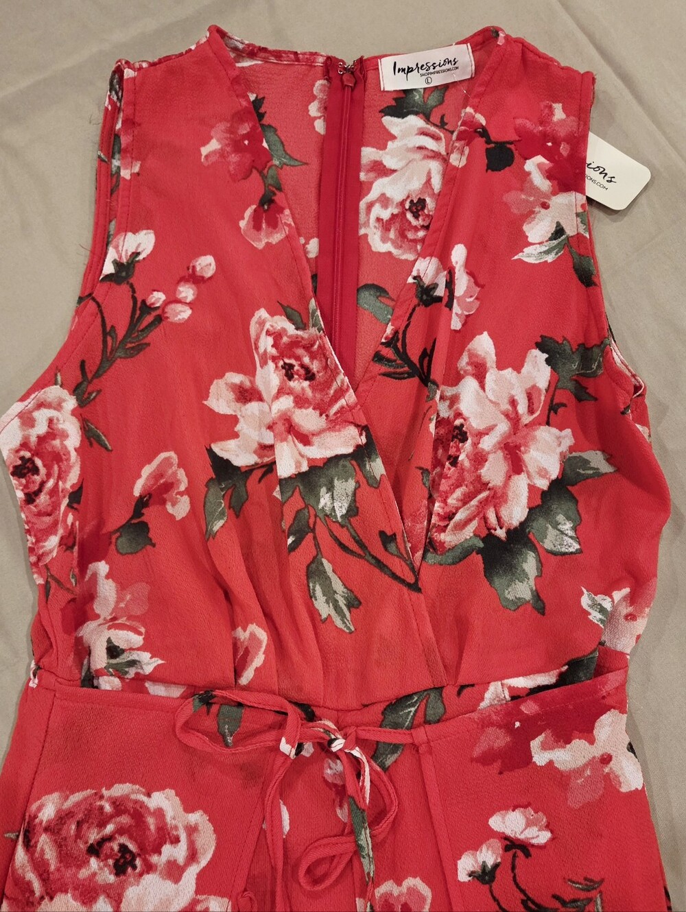 Impressions Women’s L Floral Wide Leg Jumpsuit Orange Red NWT Tie Waist
